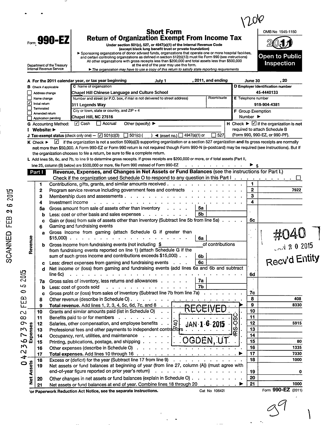 Image of first page of 2011 Form 990EZ for Chapel Hill Chinese Language and Culture School