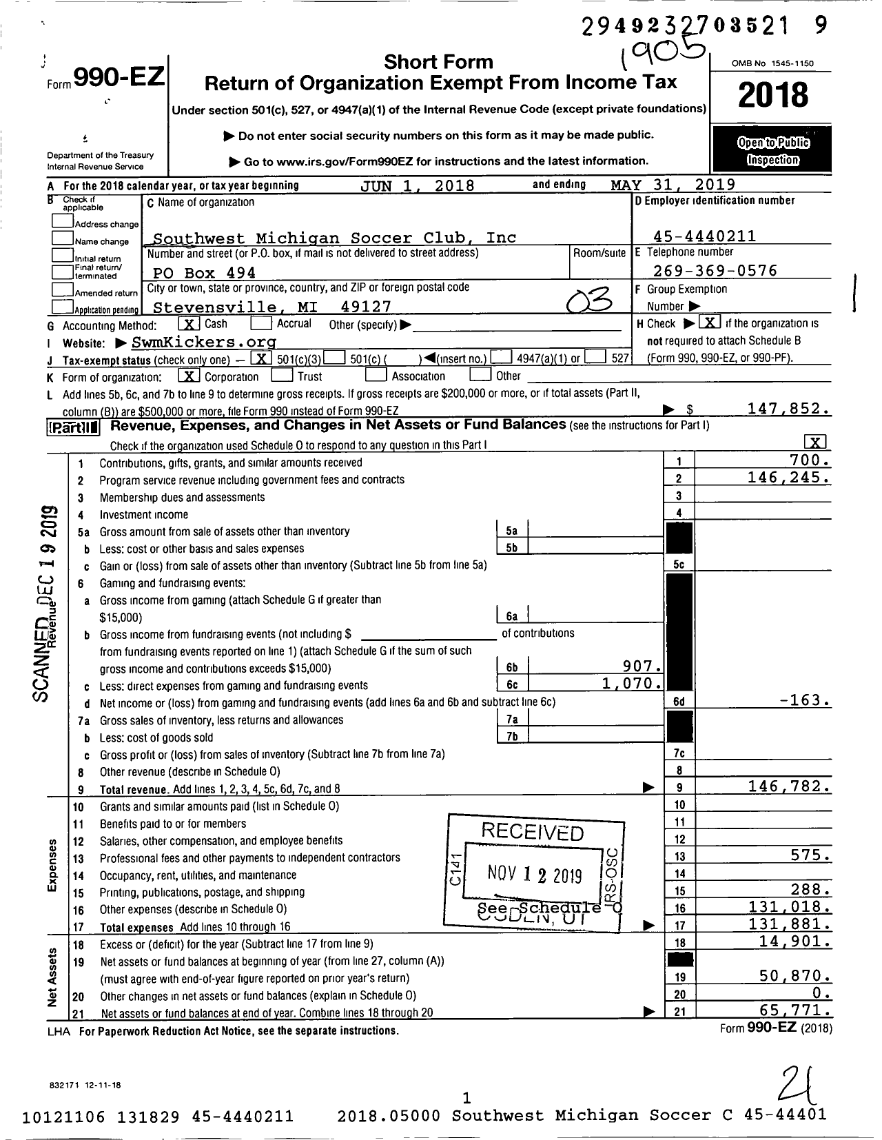 Image of first page of 2018 Form 990EZ for Southwest Michigan Soccer Club
