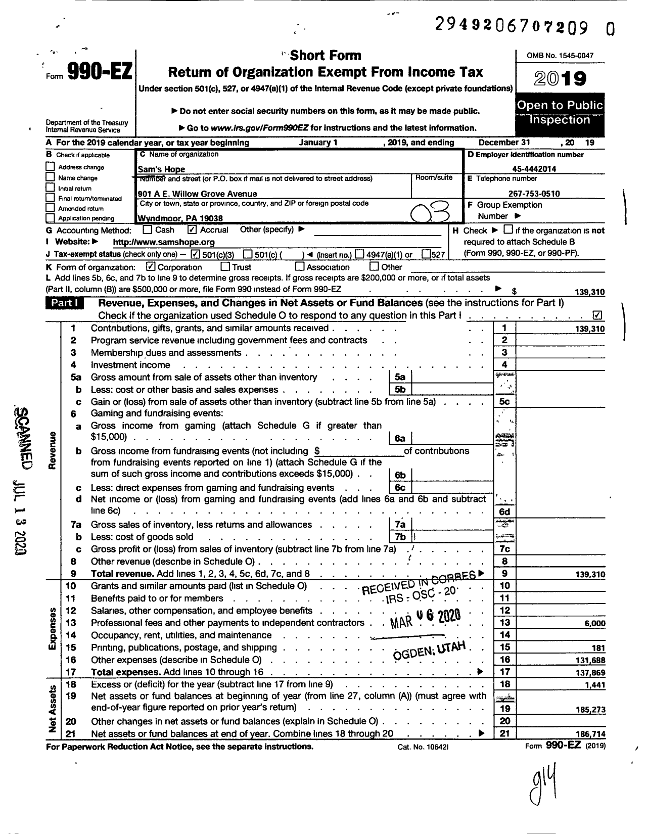 Image of first page of 2019 Form 990EZ for Sams Hope