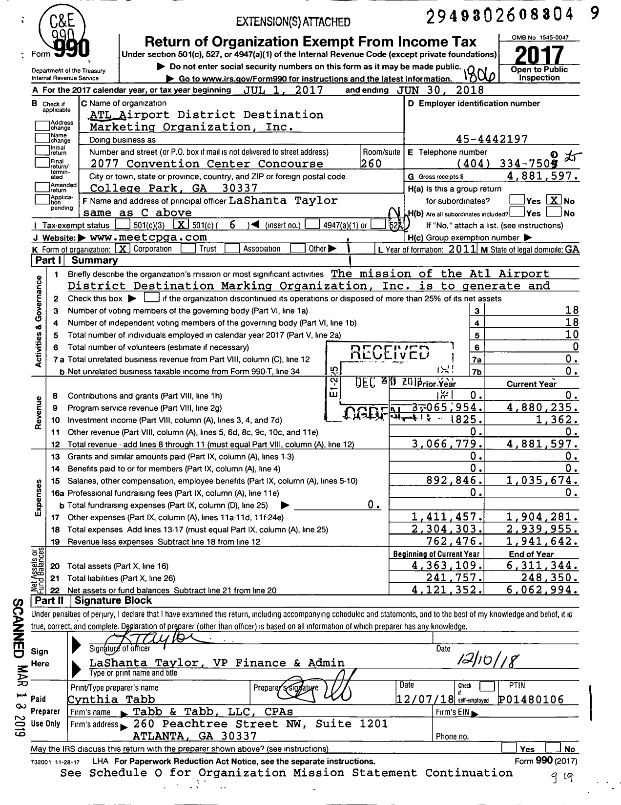 Image of first page of 2017 Form 990O for ATL Airport District