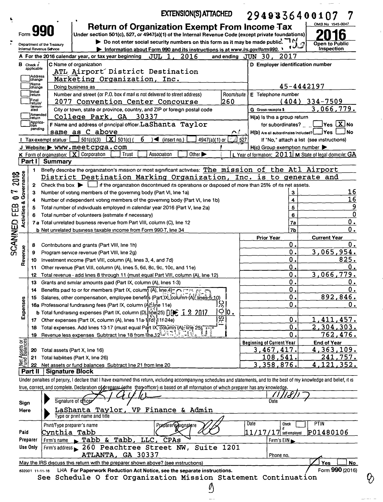 Image of first page of 2016 Form 990O for ATL Airport District