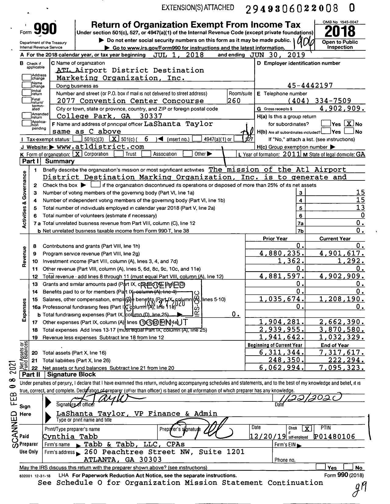 Image of first page of 2018 Form 990O for ATL Airport District