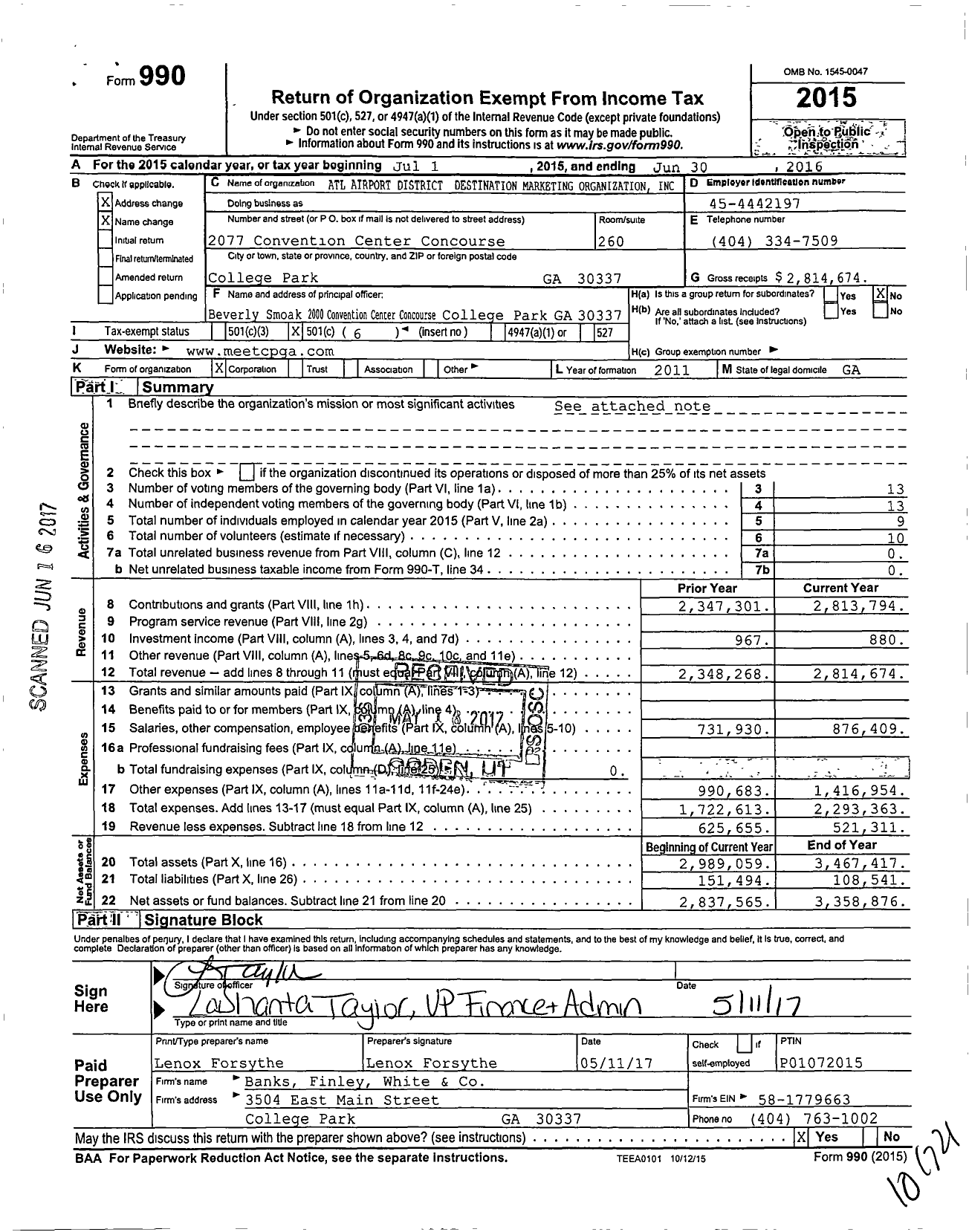 Image of first page of 2015 Form 990O for ATL Airport District
