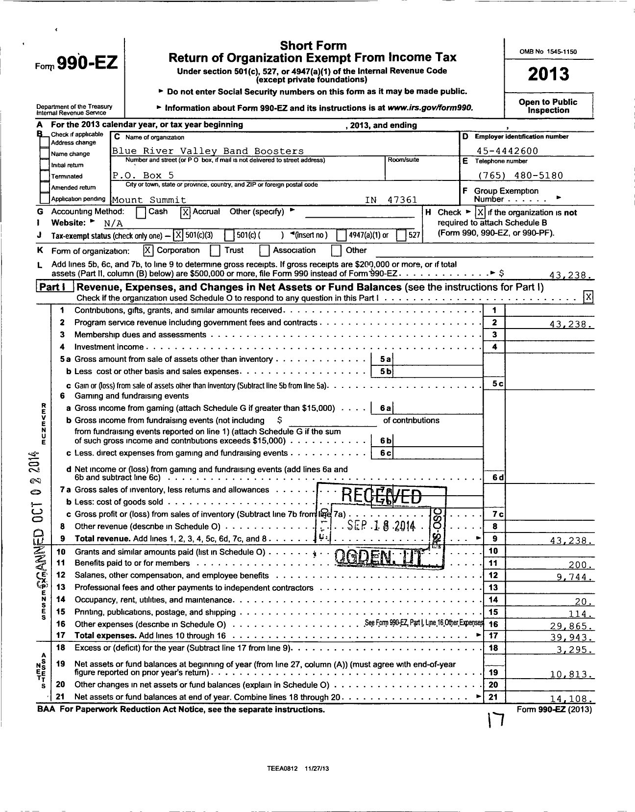 Image of first page of 2013 Form 990EZ for Blue River Valley Band Boosters