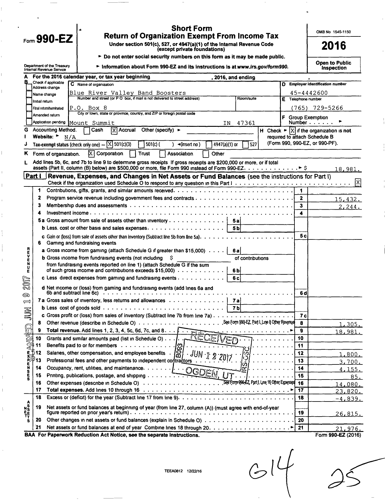 Image of first page of 2016 Form 990EZ for Blue River Valley Band Boosters