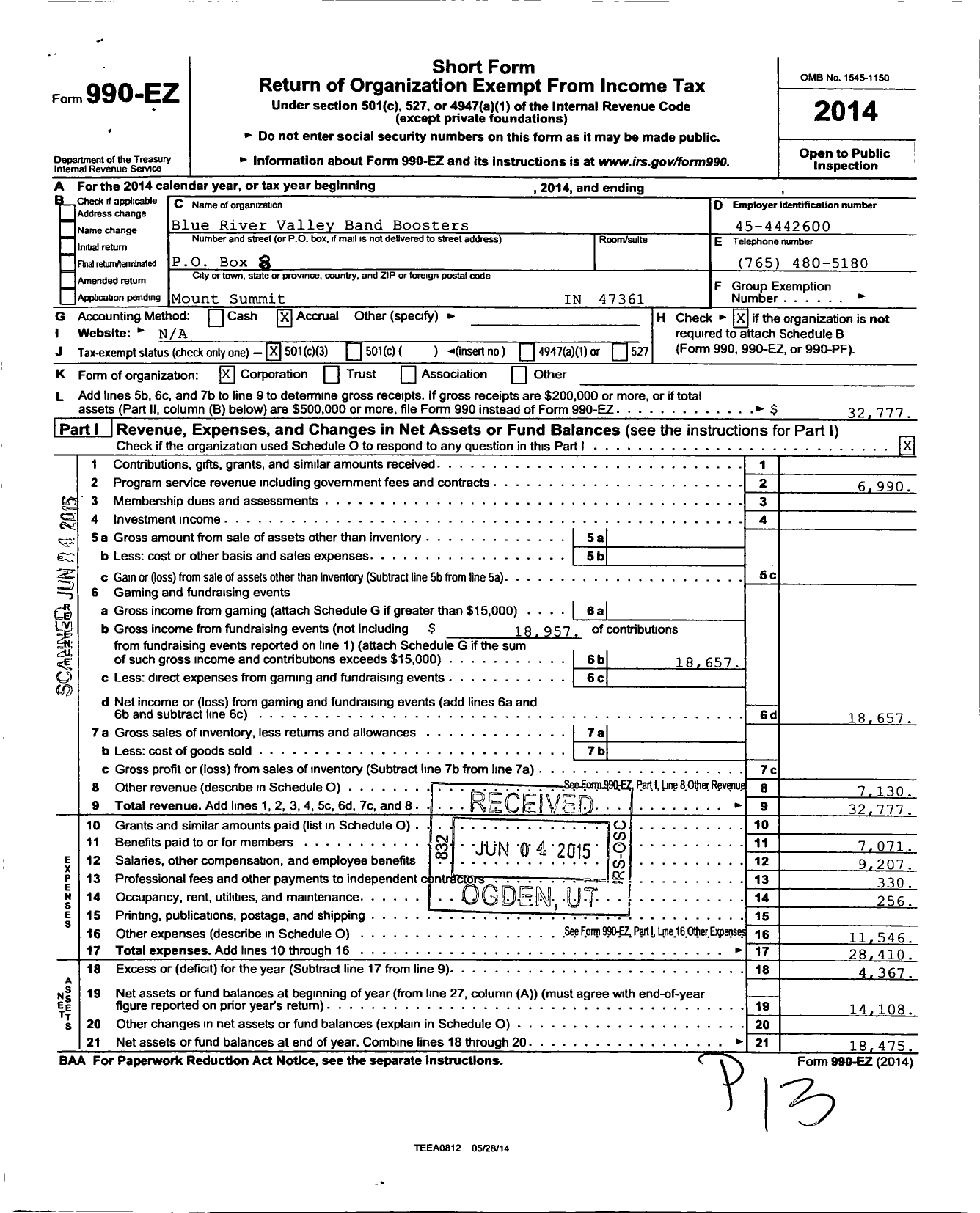 Image of first page of 2014 Form 990EZ for Blue River Valley Band Boosters