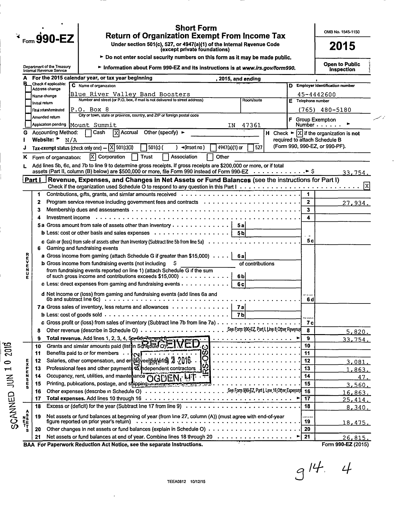 Image of first page of 2015 Form 990EZ for Blue River Valley Band Boosters