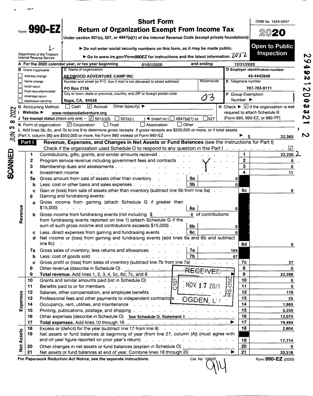 Image of first page of 2020 Form 990EZ for Redwood Adventure Camp