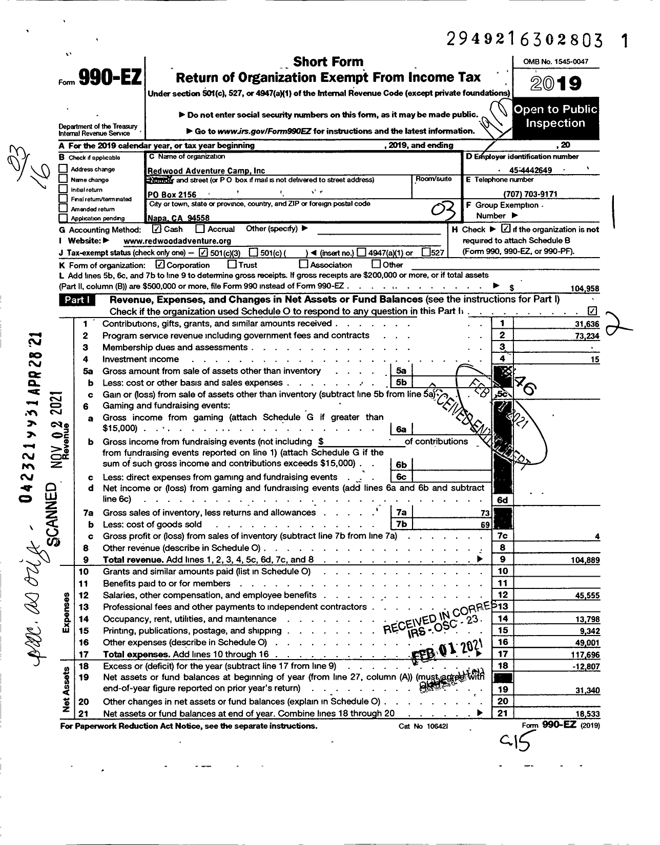 Image of first page of 2019 Form 990EZ for Redwood Adventure Camp