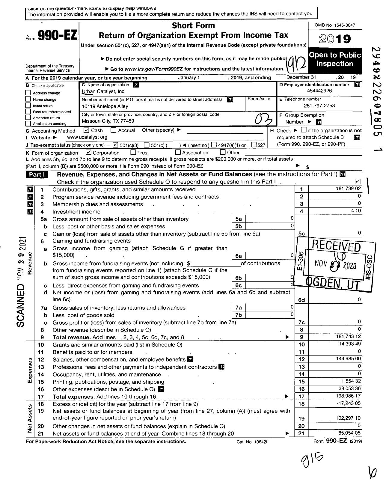 Image of first page of 2019 Form 990EZ for Urban Catalyst