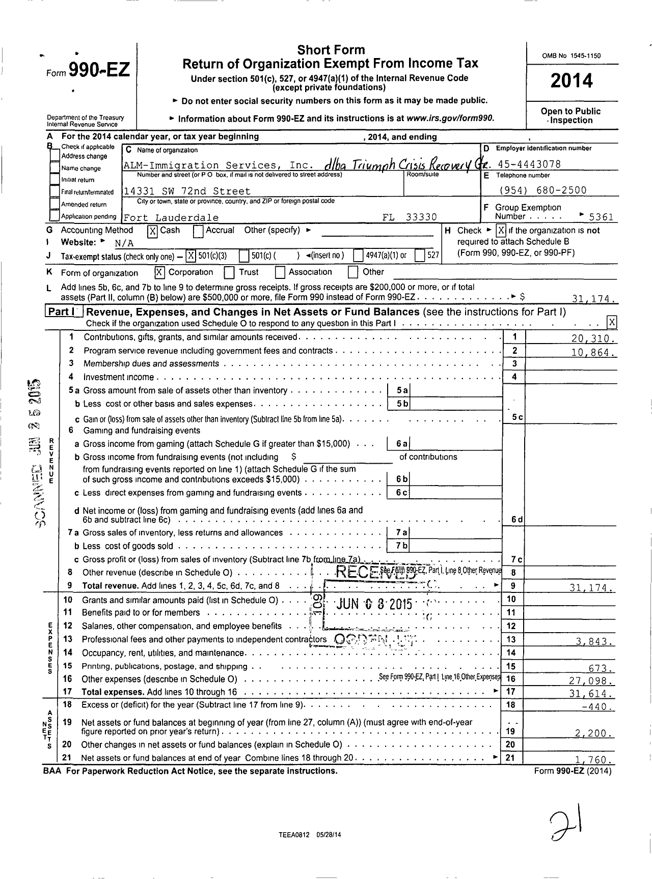 Image of first page of 2014 Form 990EZ for The ALM Triumph Center