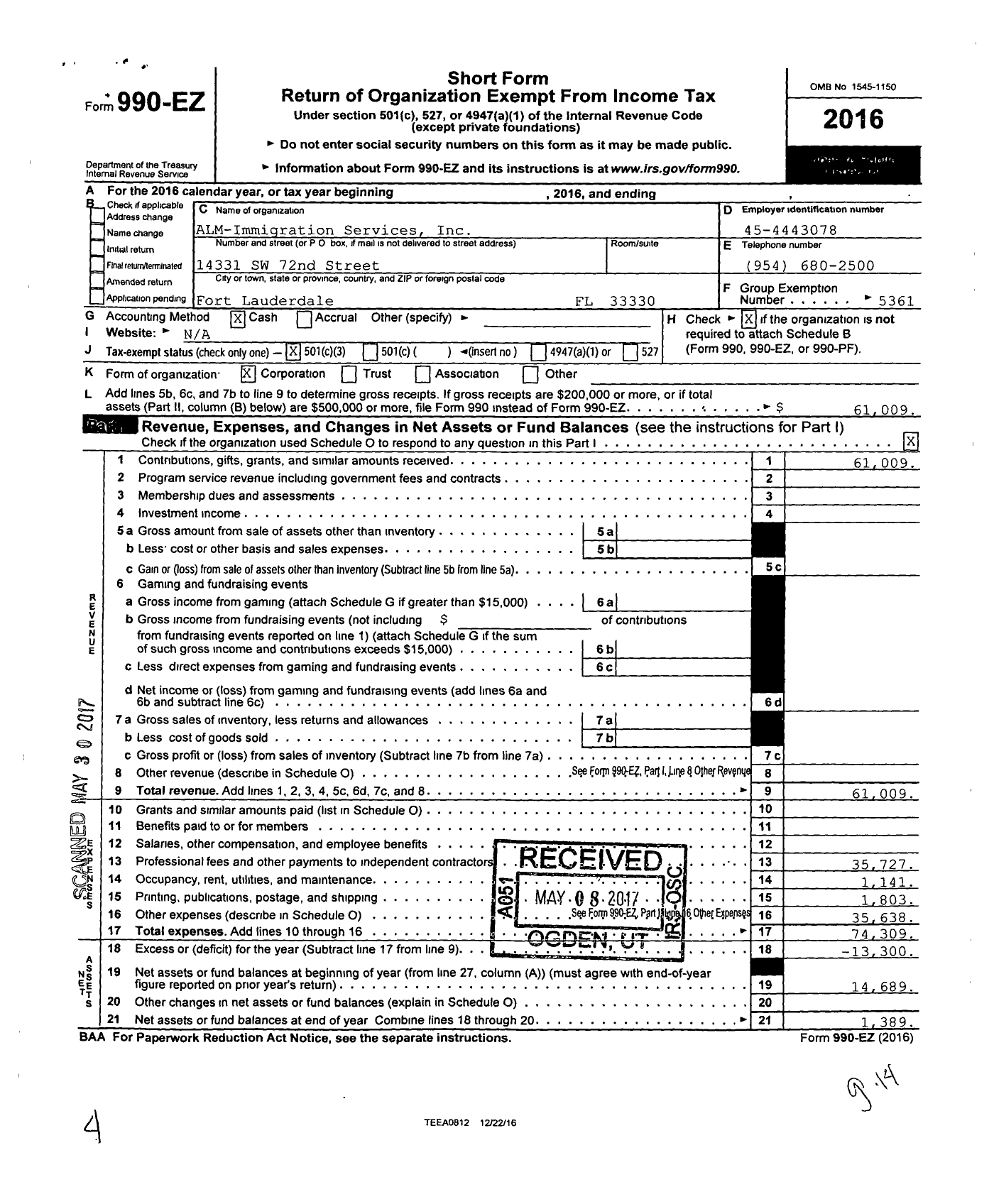 Image of first page of 2016 Form 990EZ for The ALM Triumph Center