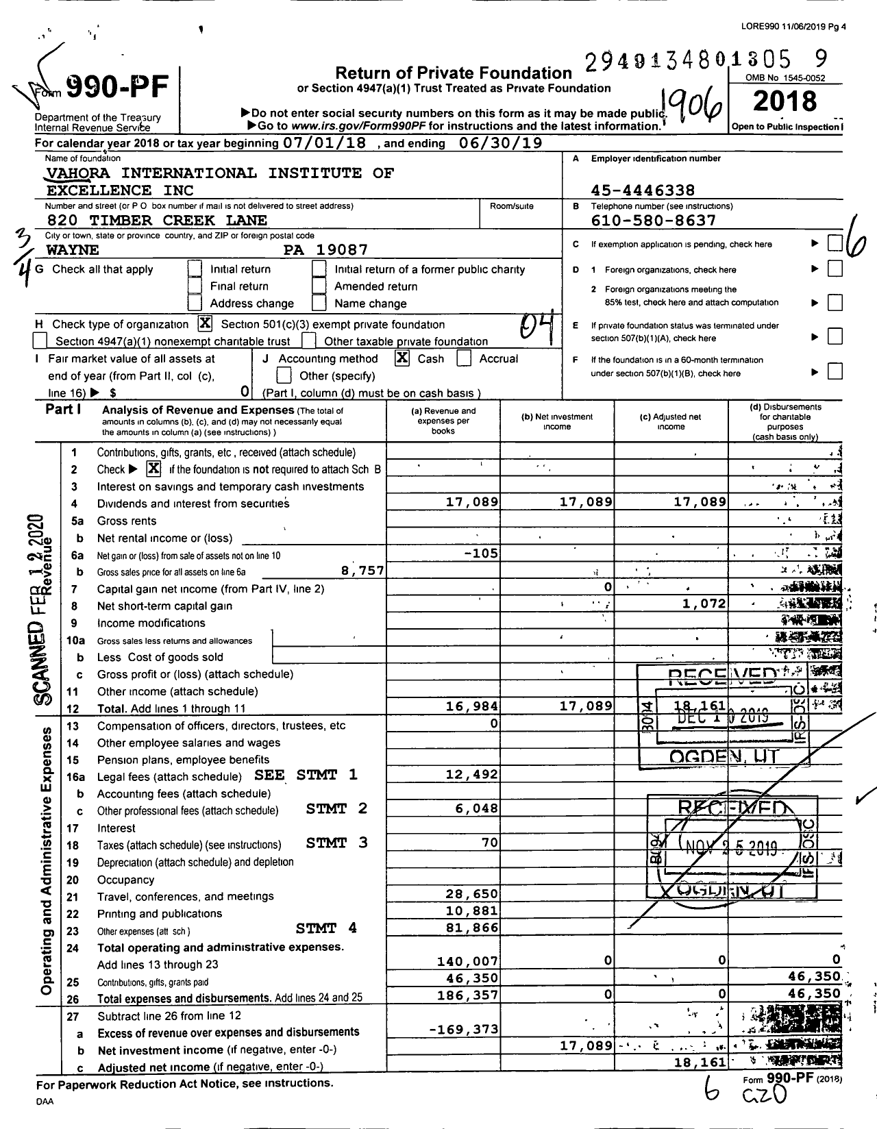 Image of first page of 2018 Form 990PF for Vahora International Institute of Excellence