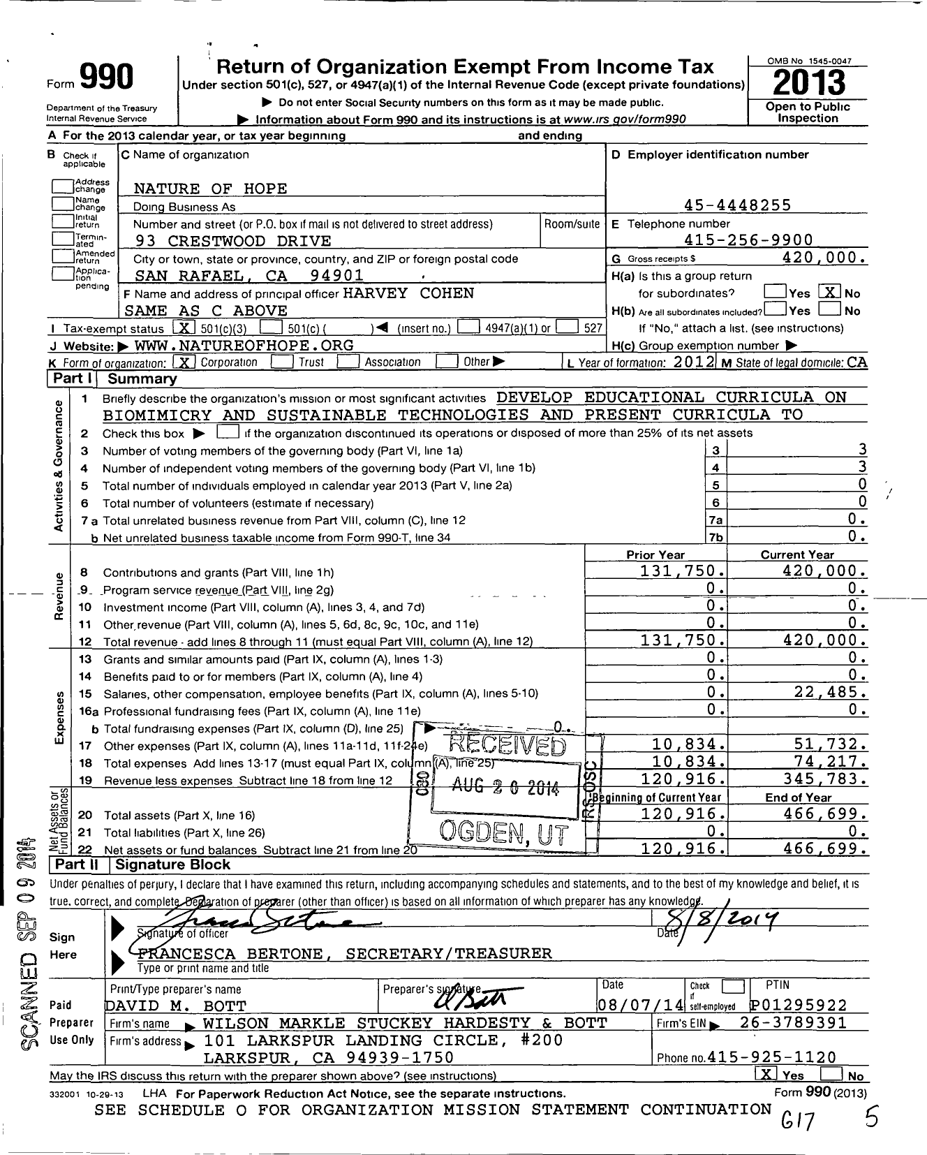 Image of first page of 2013 Form 990 for Nature of Hope