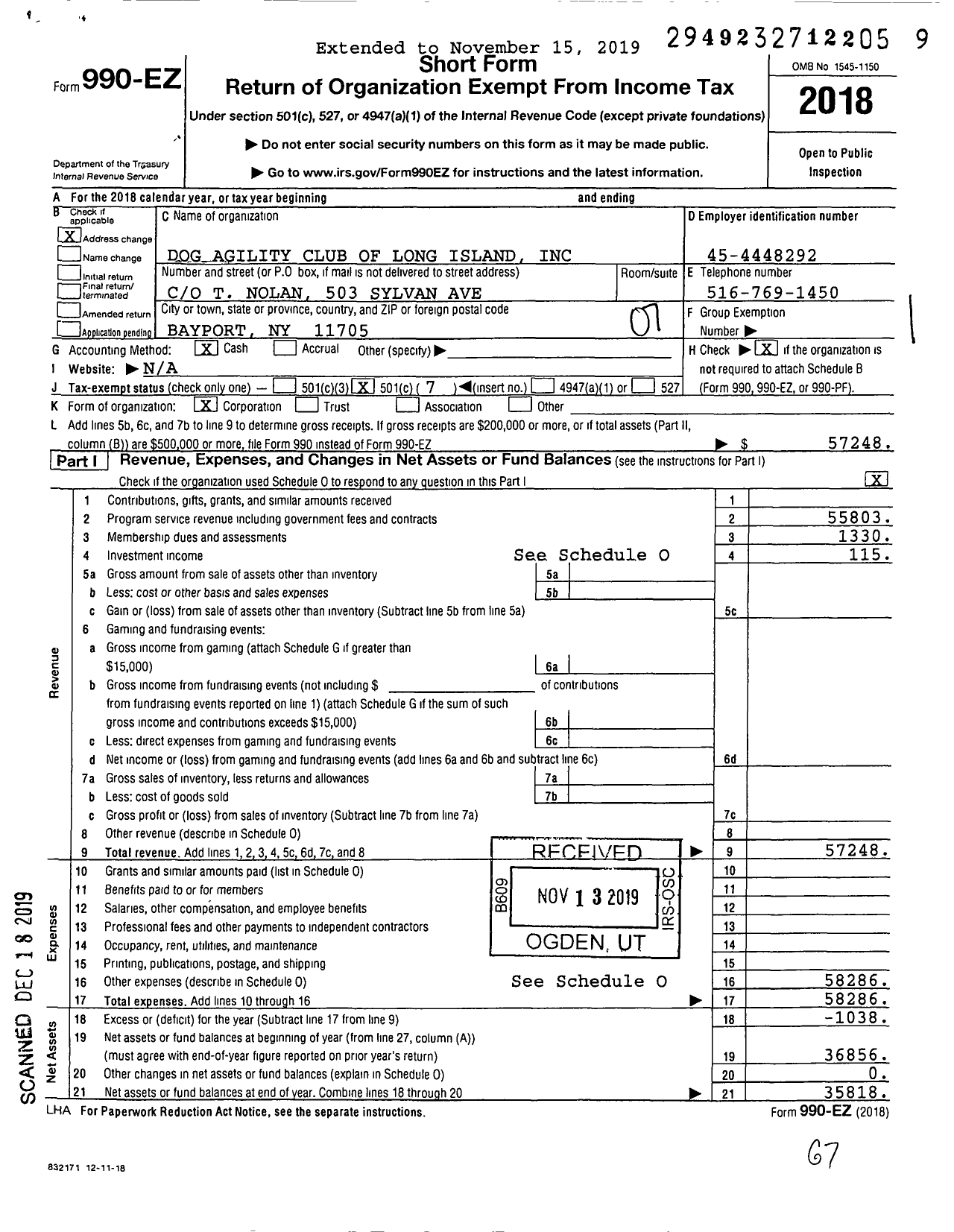 Image of first page of 2018 Form 990EO for Dog Agility Club of Long Island