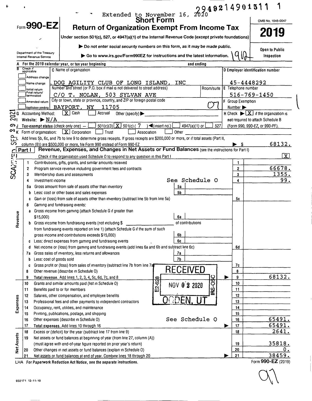 Image of first page of 2019 Form 990EO for Dog Agility Club of Long Island