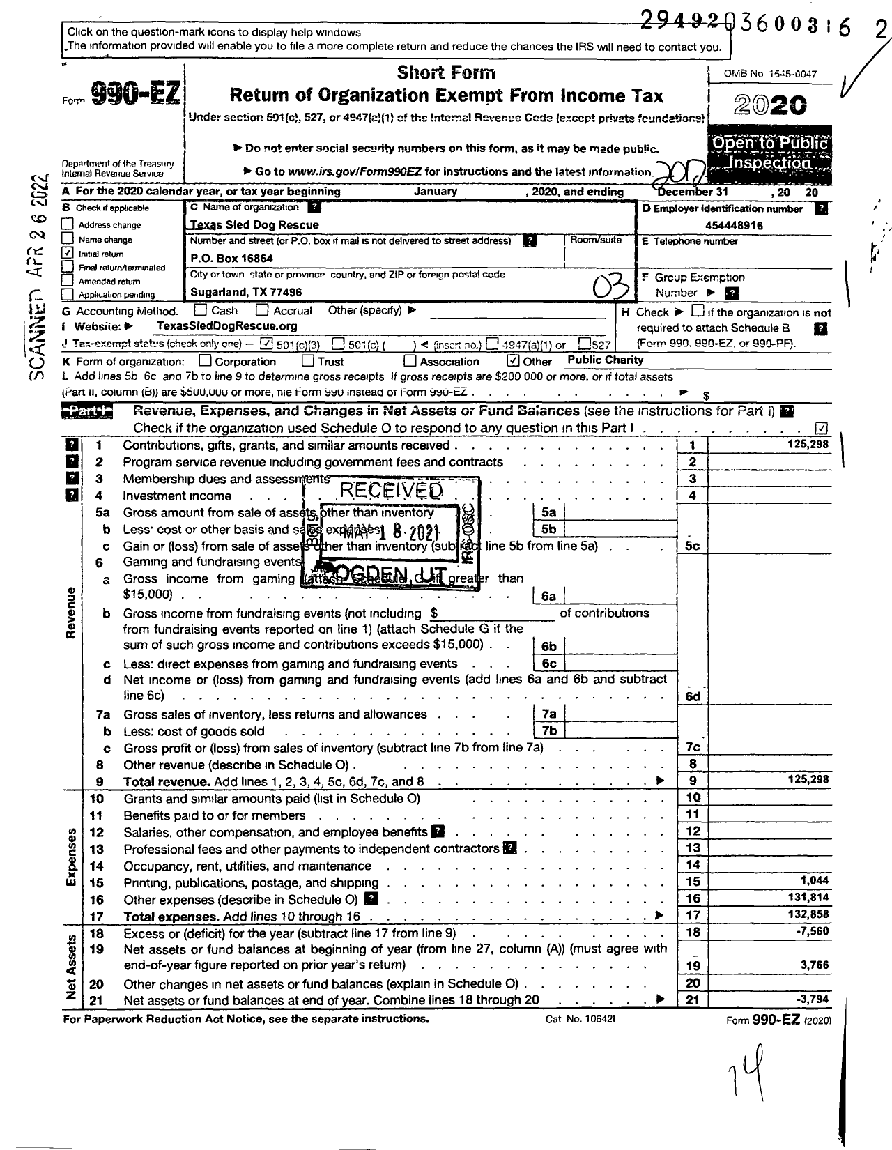 Image of first page of 2020 Form 990EZ for Texas Sled Dog Rescue