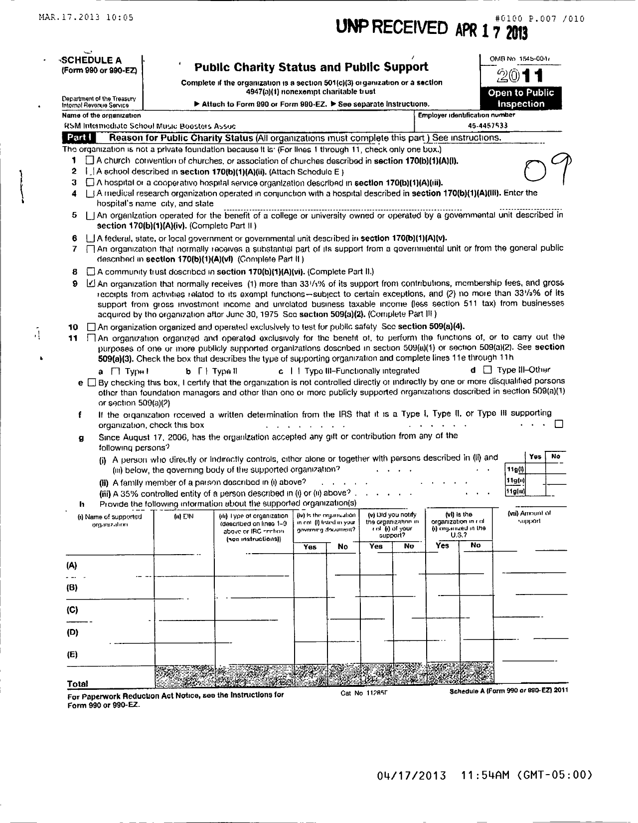 Image of first page of 2011 Form 990ER for RSM Intermediate School Music Boosters Association