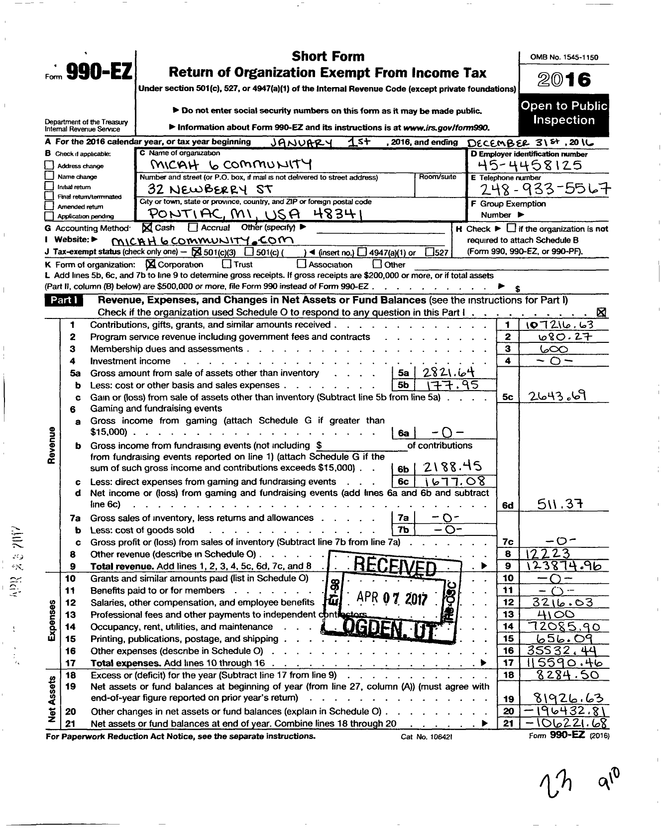 Image of first page of 2016 Form 990EZ for Micah 6 Community