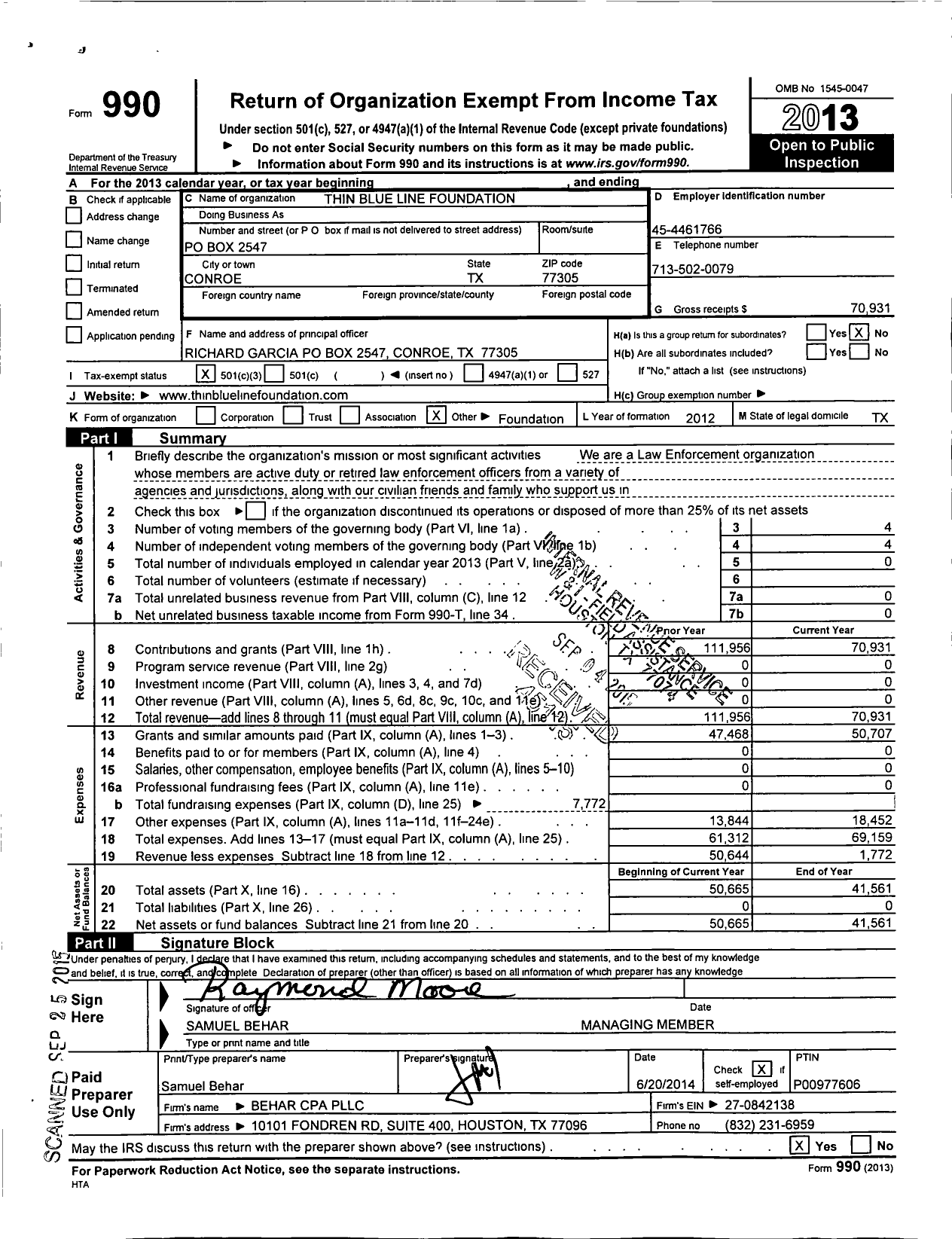 Image of first page of 2013 Form 990 for Thin Blue Line Foundation