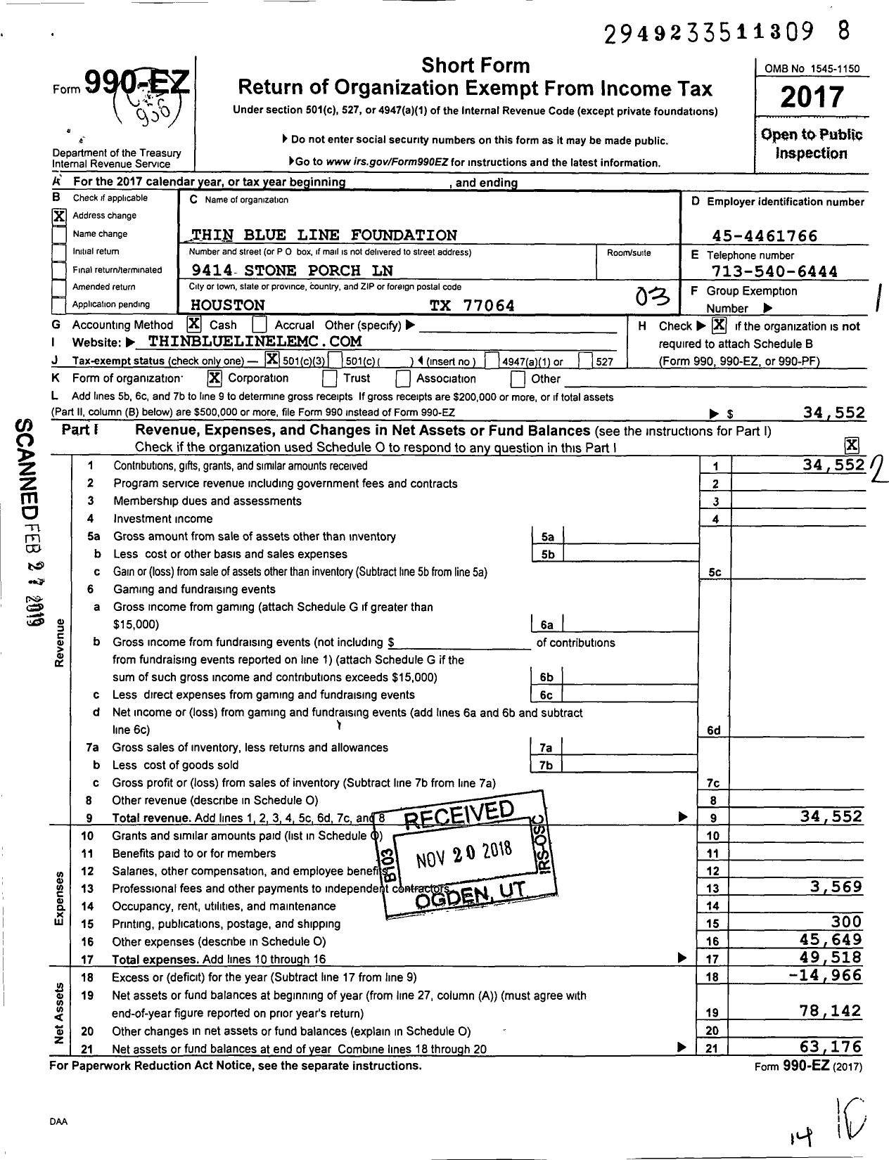 Image of first page of 2017 Form 990EZ for Thin Blue Line Foundation