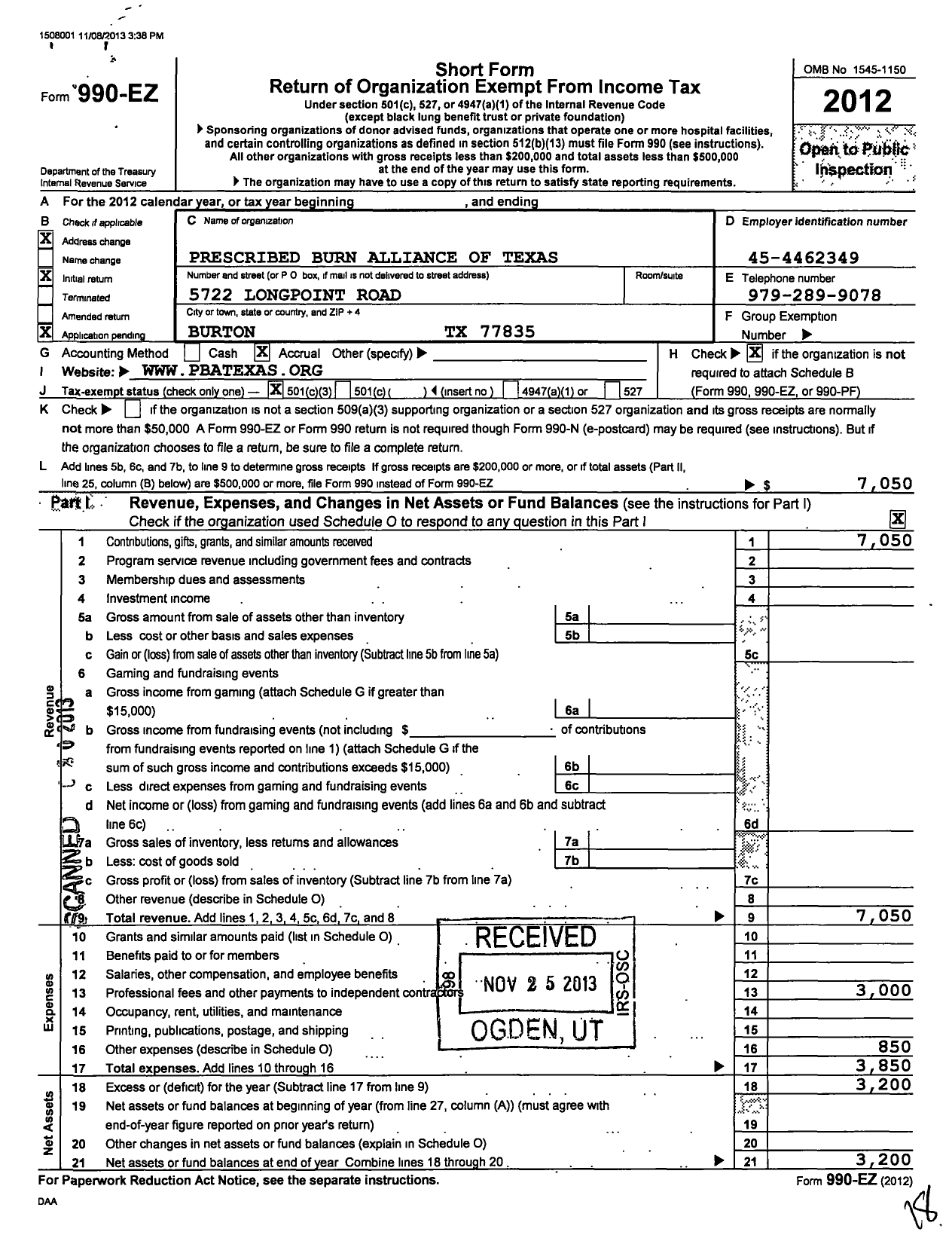 Image of first page of 2012 Form 990EZ for Prescribed Burn Alliance of Texas