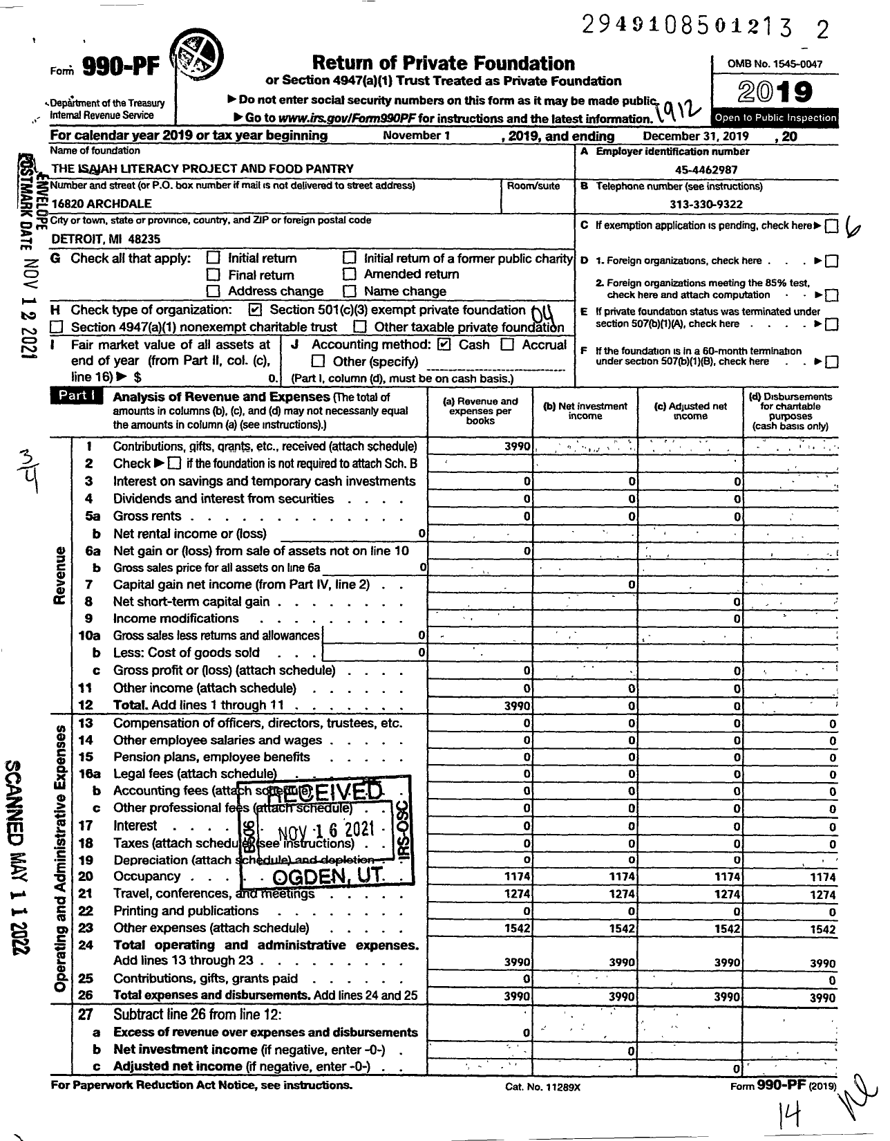 Image of first page of 2019 Form 990PF for The Isaiah Literacy Project and Food Pantry