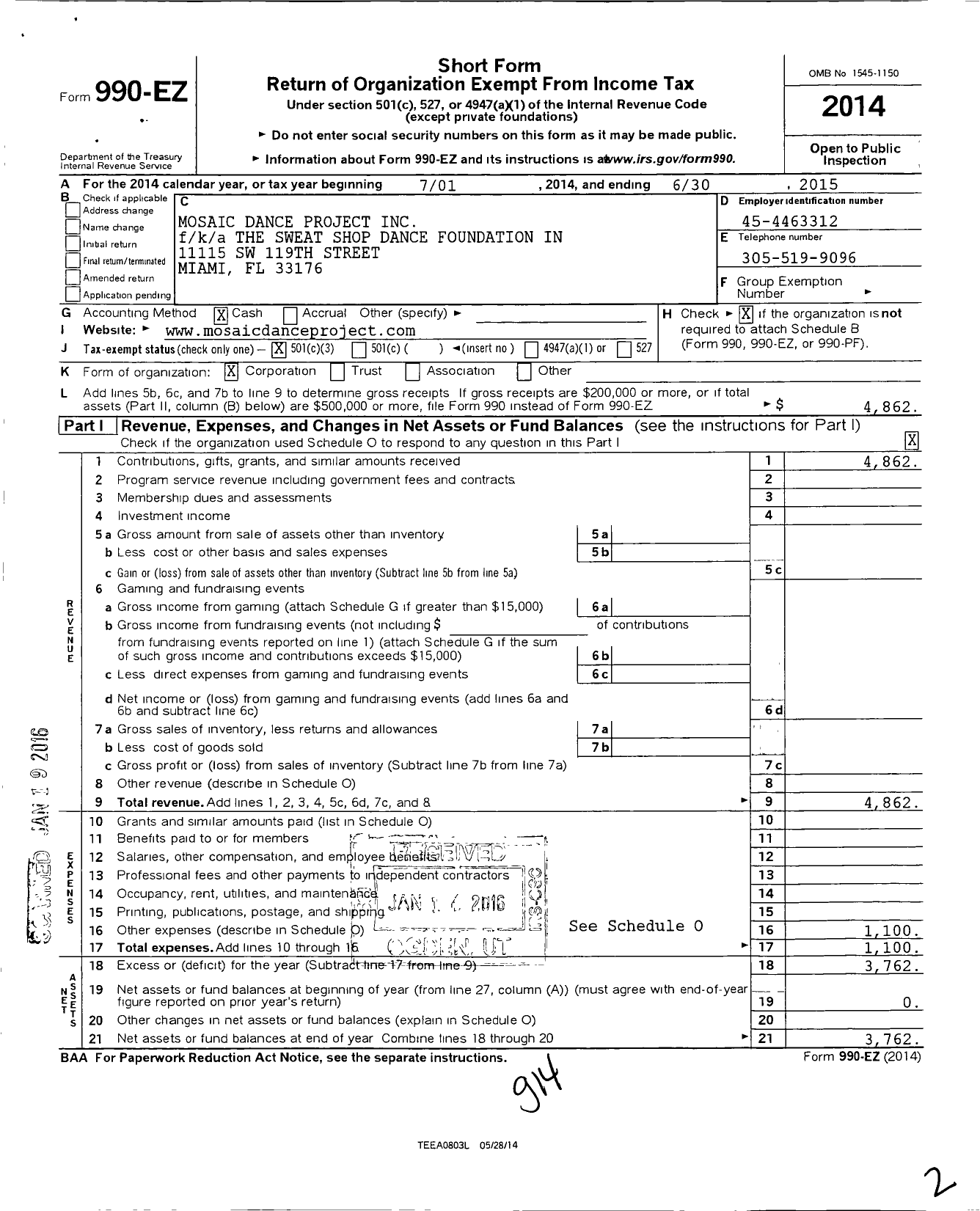 Image of first page of 2014 Form 990EZ for Mosaic Dance Project