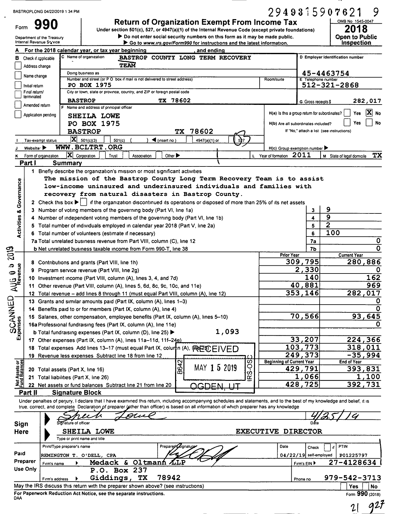 Image of first page of 2018 Form 990 for Bastrop County Long Term Recovery