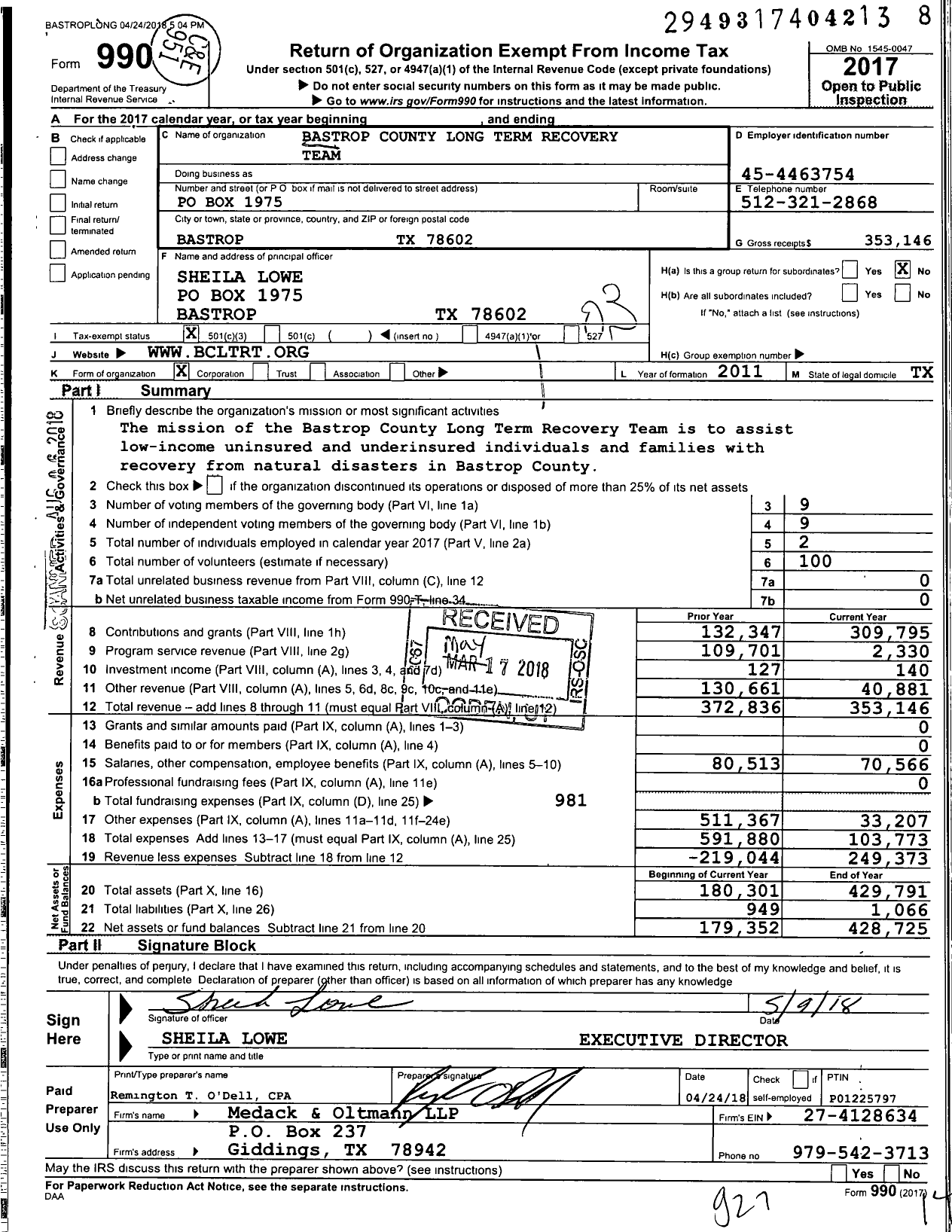 Image of first page of 2017 Form 990 for Bastrop County Long Term Recovery