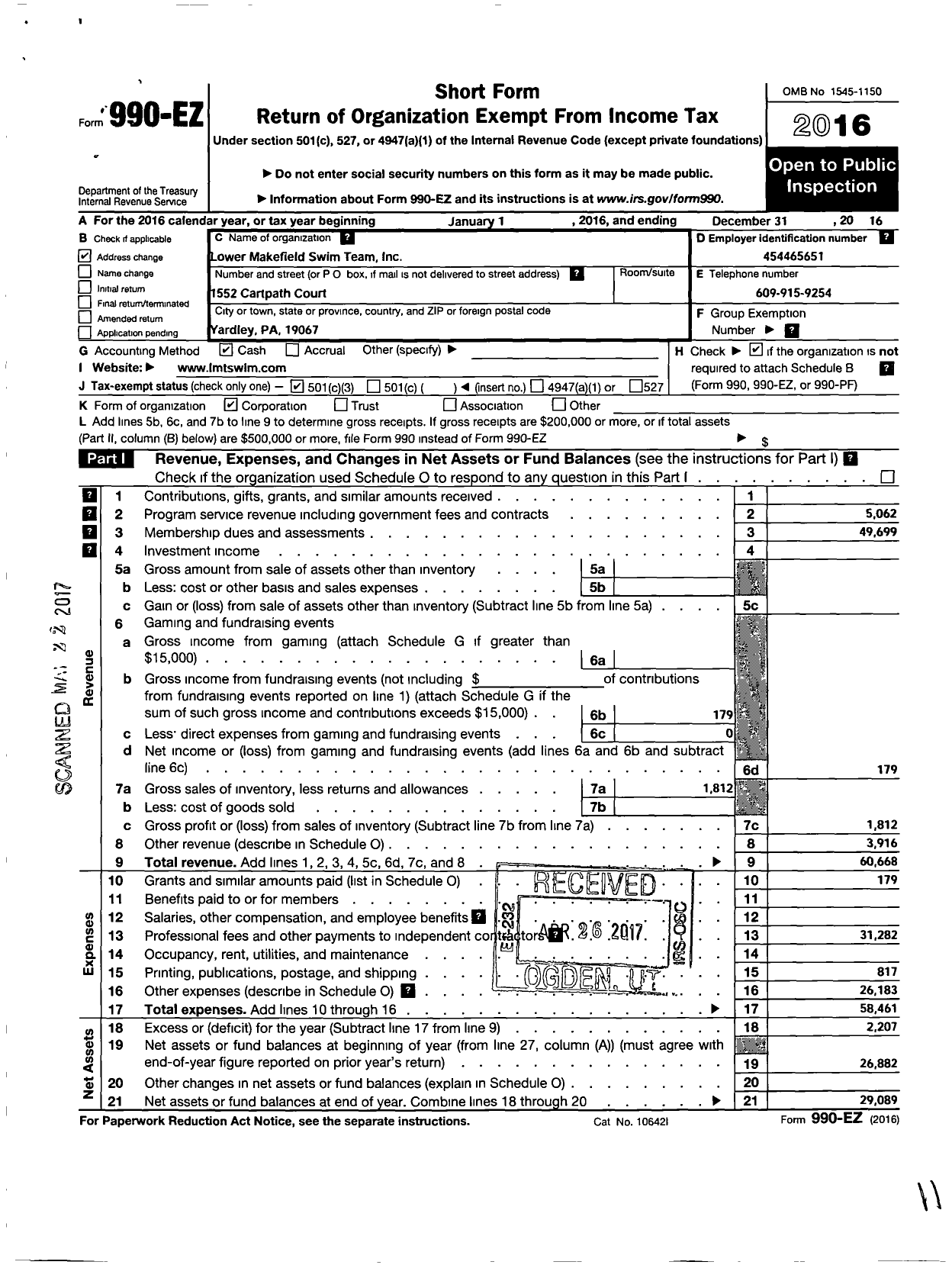 Image of first page of 2016 Form 990EZ for Lower Makefield Swim Team