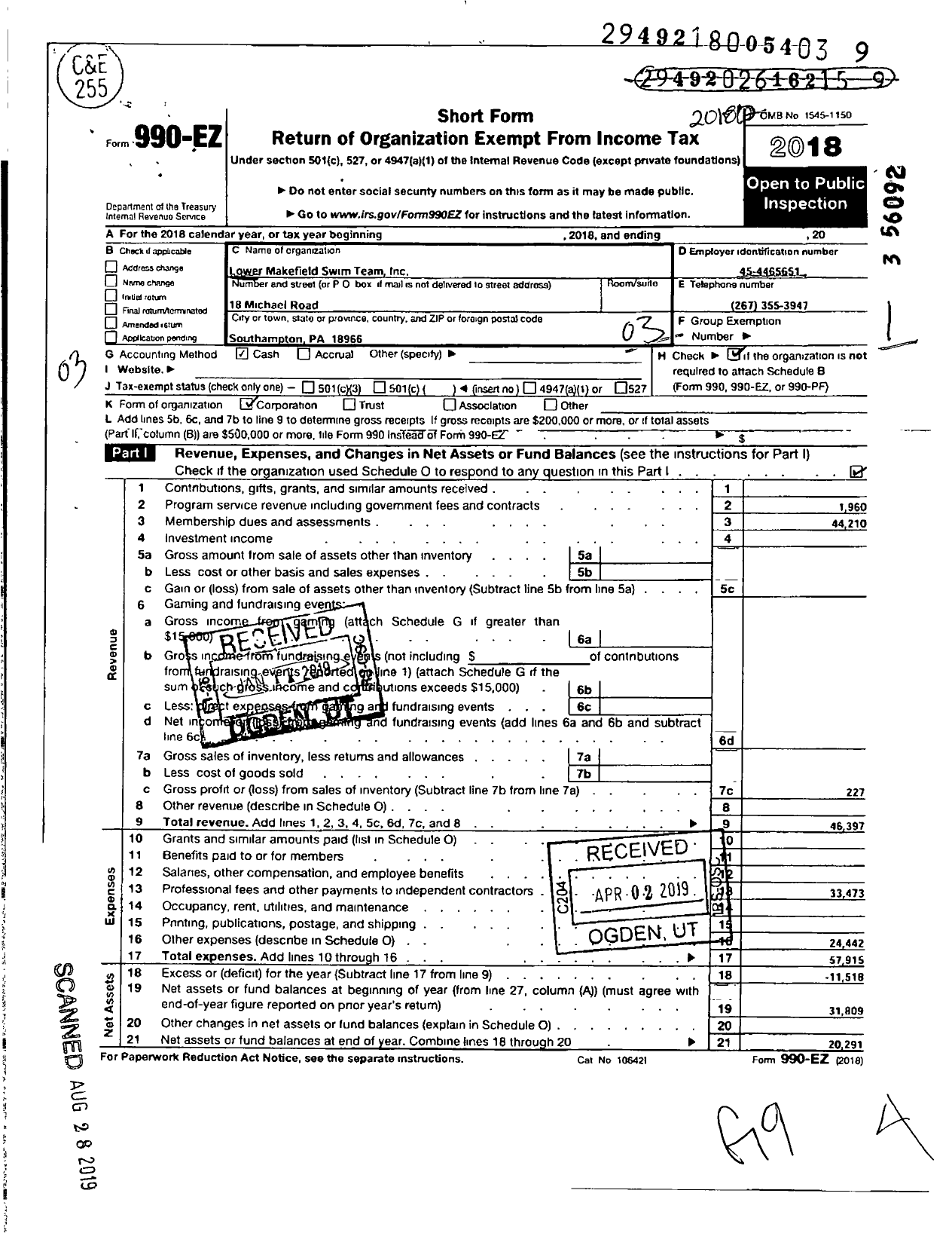 Image of first page of 2018 Form 990EZ for Lower Makefield Swim Team