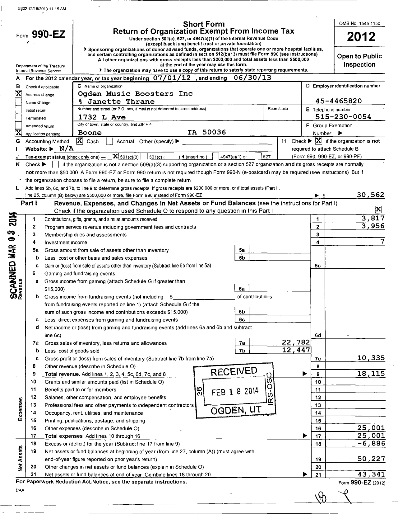 Image of first page of 2012 Form 990EZ for Ogden Music Boosters