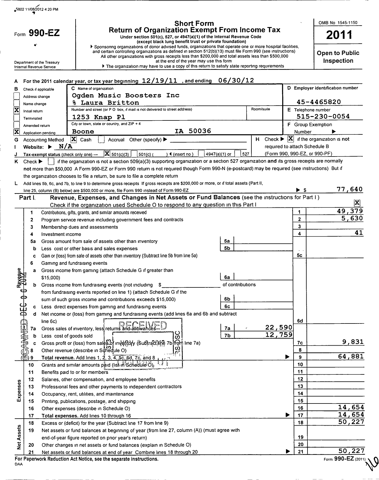 Image of first page of 2011 Form 990EZ for Ogden Music Boosters