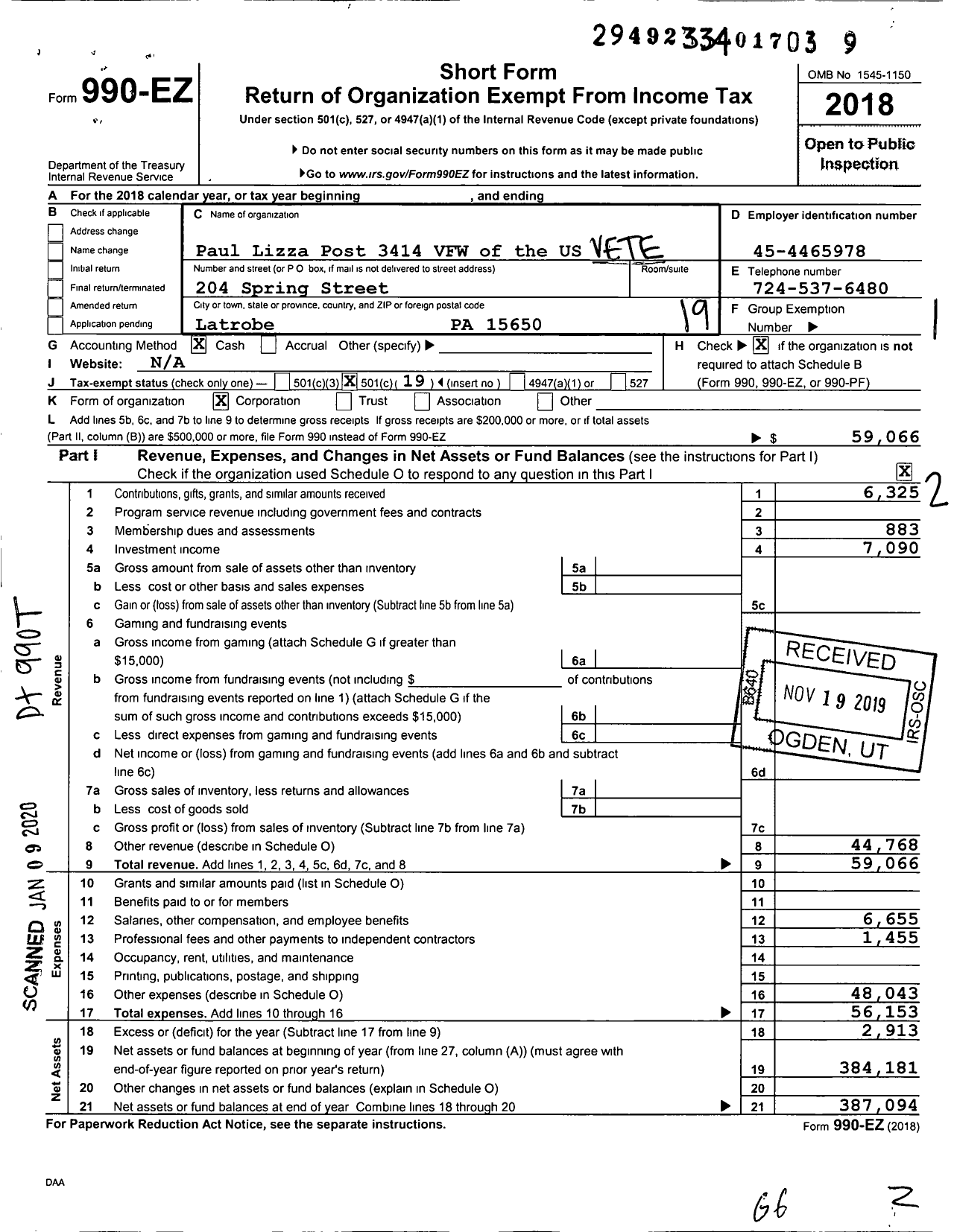 Image of first page of 2018 Form 990EO for Paul Lizza Post 3414 VFW of the Us