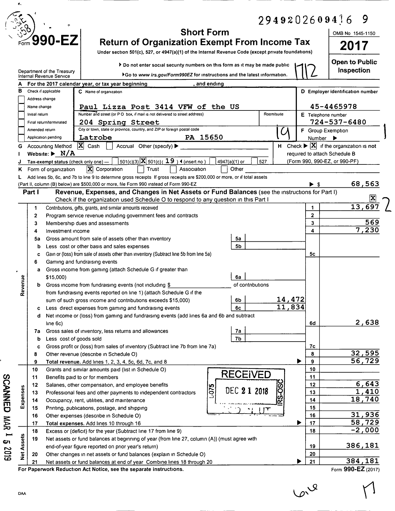 Image of first page of 2017 Form 990EO for Paul Lizza Post 3414 VFW of the Us