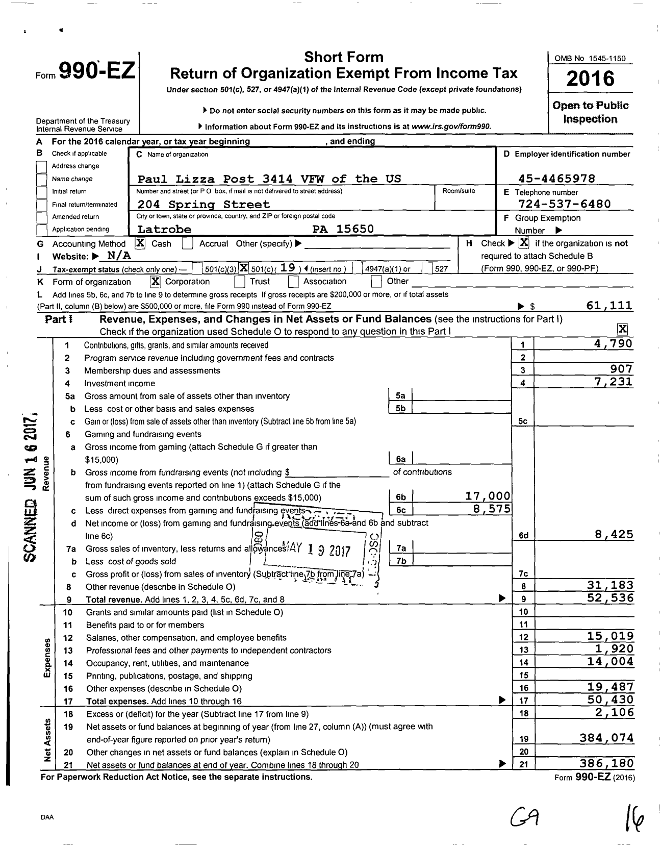 Image of first page of 2016 Form 990EO for Paul Lizza Post 3414 VFW of the Us
