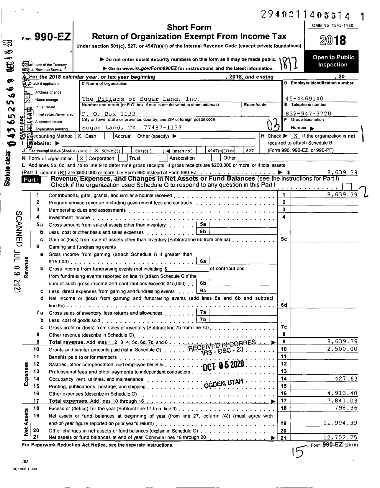 Image of first page of 2018 Form 990EZ for Pillars of Sugar Land