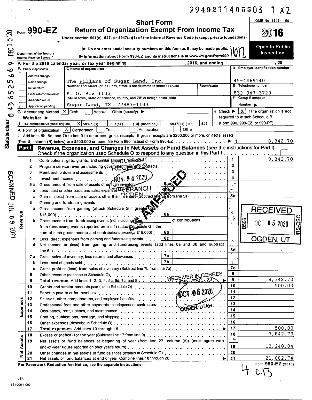 Image of first page of 2016 Form 990EZ for Pillars of Sugar Land