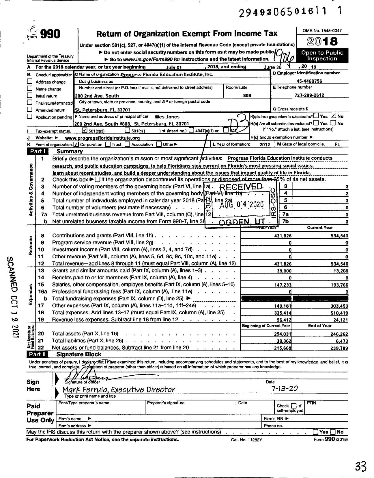 Image of first page of 2018 Form 990 for Progress Florida Education Institute