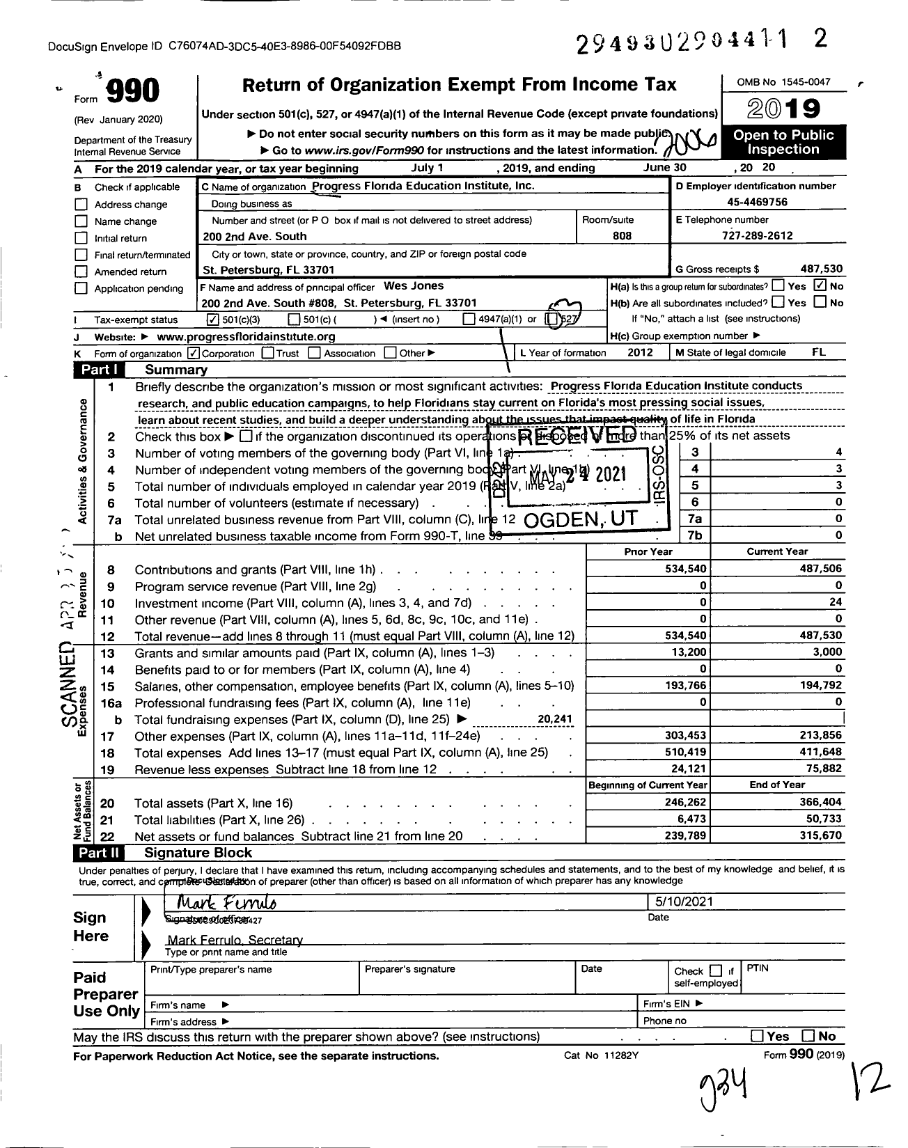 Image of first page of 2019 Form 990 for Progress Florida Education Institute