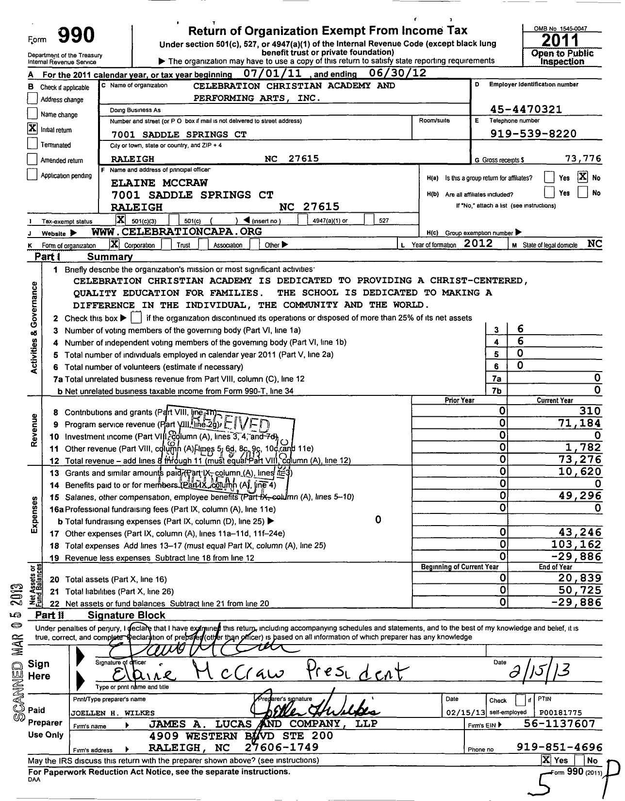 Image of first page of 2011 Form 990 for Celebration Christian Academy and Perfor