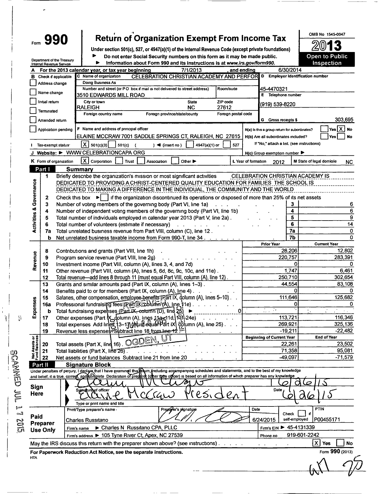 Image of first page of 2013 Form 990 for Celebration Christian Academy and Perfor