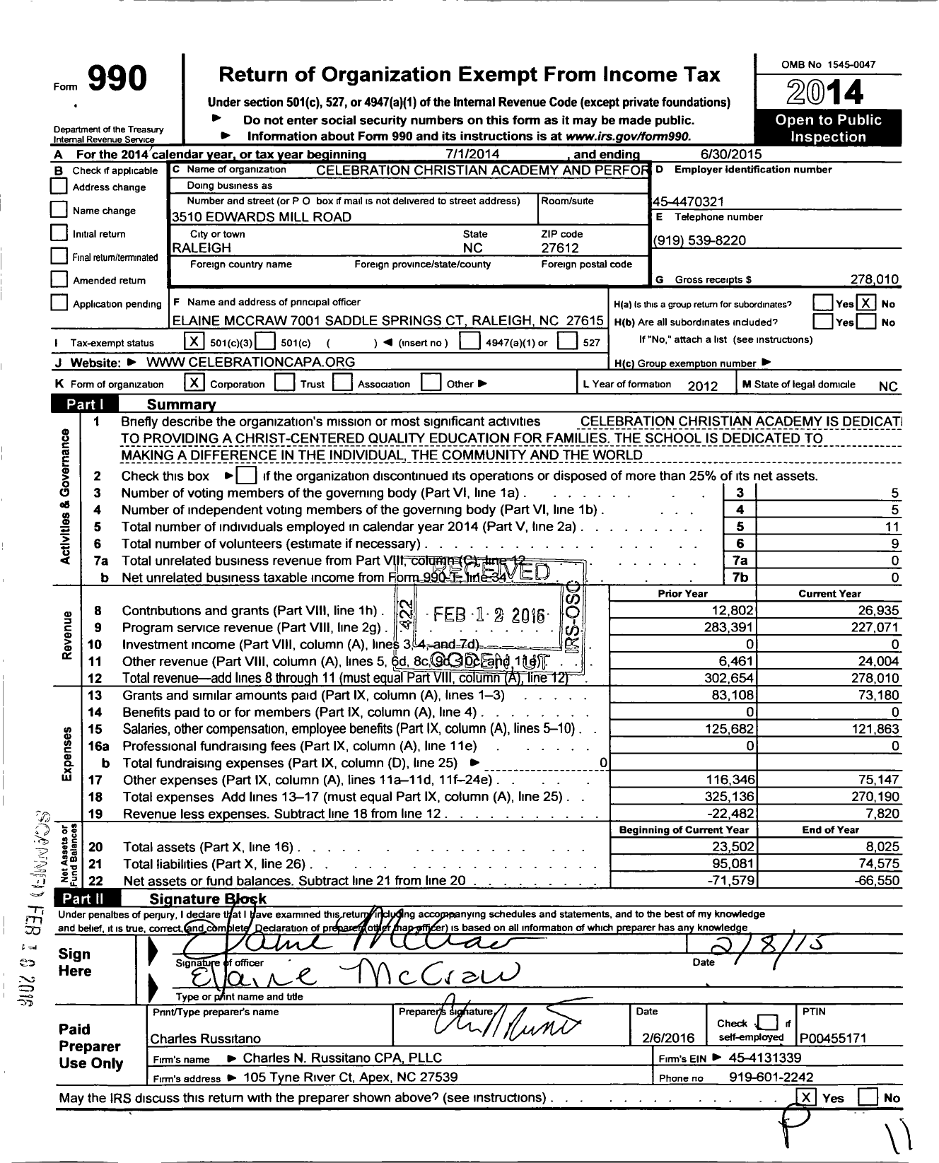 Image of first page of 2014 Form 990 for Celebration Christian Academy and Perfor