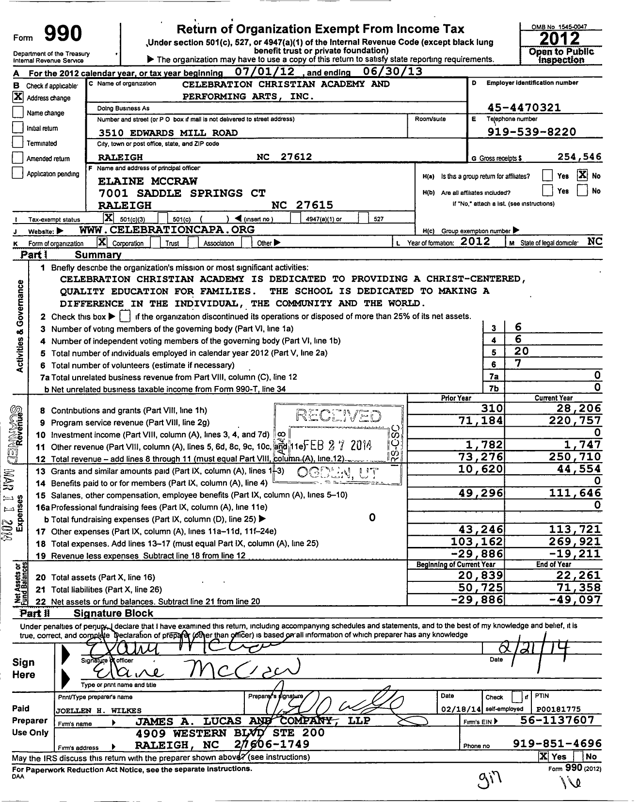 Image of first page of 2012 Form 990 for Celebration Christian Academy and Perfor