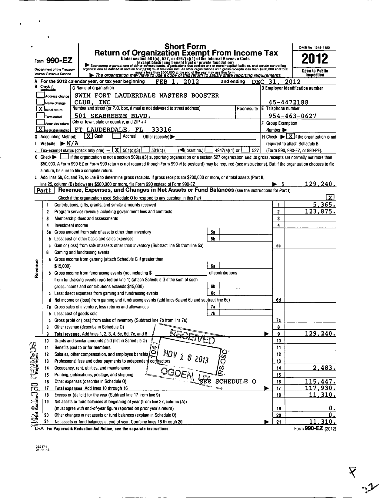 Image of first page of 2012 Form 990EZ for Swim Fort Lauderdale Masters Booster Club