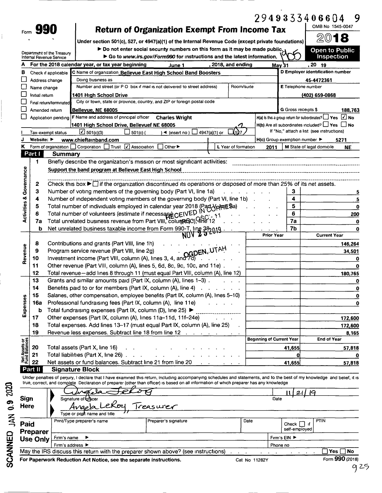 Image of first page of 2018 Form 990 for Bellevue East High School Band Boosters