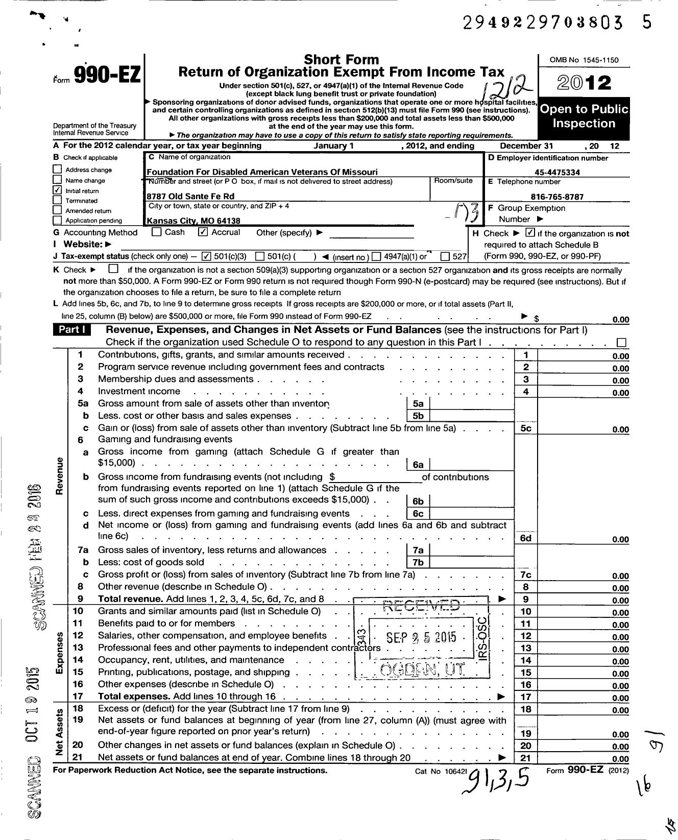 Image of first page of 2012 Form 990EZ for Foundation for Disabled American Veterans of Missouri