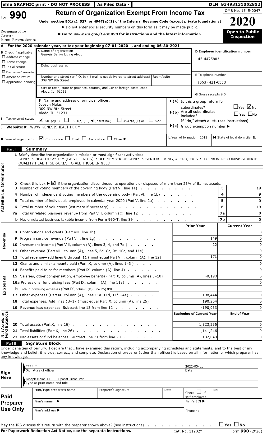 Image of first page of 2020 Form 990 for Genesis Senior Living Aledo
