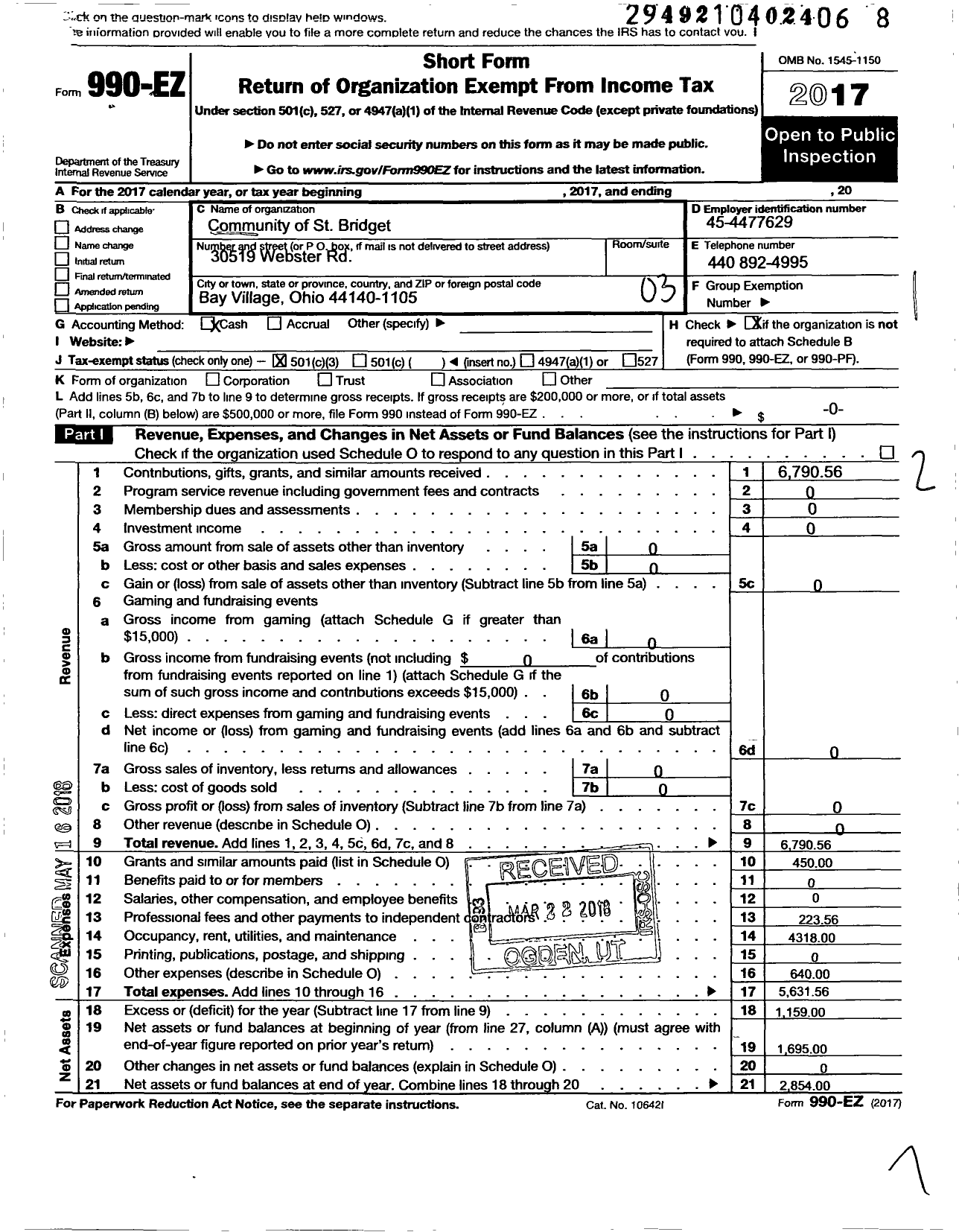 Image of first page of 2017 Form 990EZ for Community of St Bridget